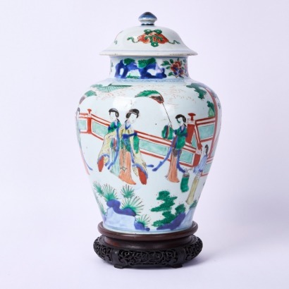 A Chinese 17th Century Qing Dynasty Kangxi Period Wucai &lsquo;Court Ladies&rsquo; Baluster Jar