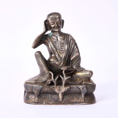 A Chinese Tibetan 19th Century Qing Dynasty Silvered Lhama Alloy Figure of Milarepa