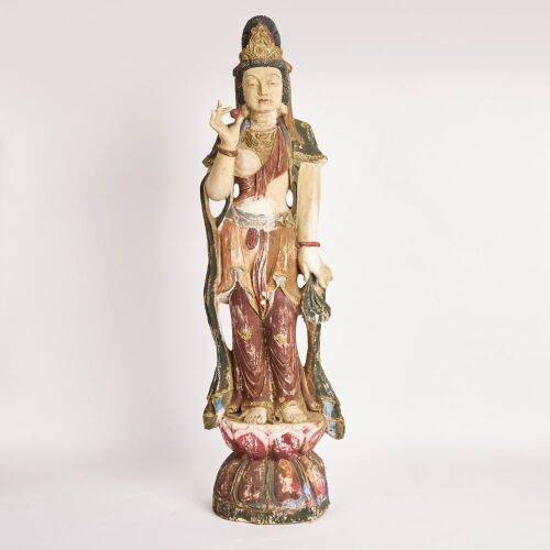 A Chinese 18th Century Early to Mid Qing Dynasty Polychrome and Giltwood Figure of Guanyin