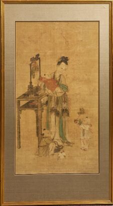 A Chinese 19th Century Qing Dynasty Court Lady Painting on Silk