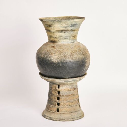 A Set of Two Korean 11th to 12th Century Stoneware Jar and Stand