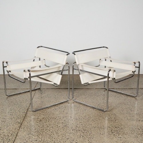 A Pair of White Leather Marcel Breuer Wassily Wassily Armchairs Manufactured by Fasem
