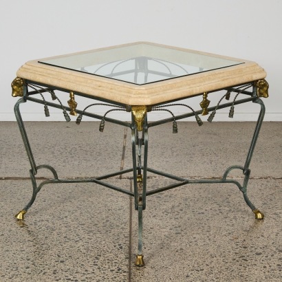 Metal and Marble Square Table With Glass and Bronze Feet