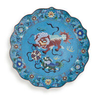 A Chinese Qing Dynasty Cloisonne Plate decorated with a pair of lions