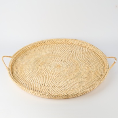 A Vintage Woven Wicker Serving Tray with Handles