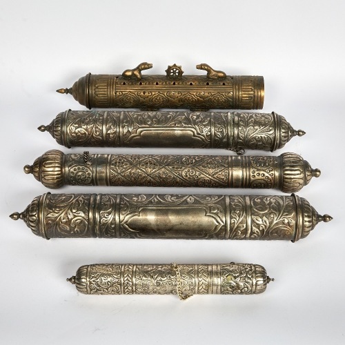 A Collection of Five Brass Scroll Holders