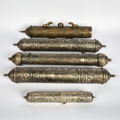 A Collection of Five Brass Scroll Holders