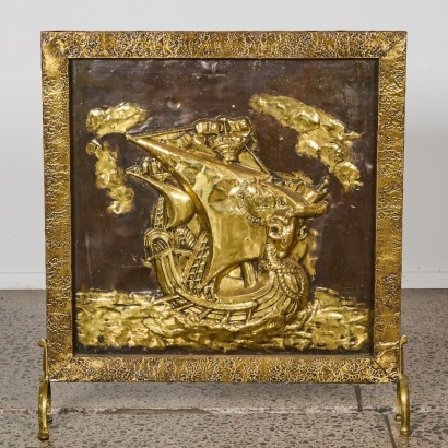 A Mid-Century Brass Galleon Ship Fire Screen