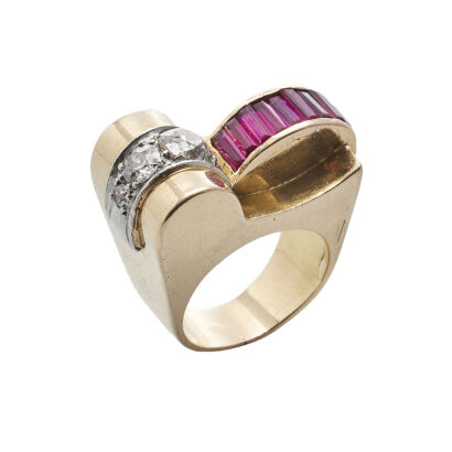 18ct Retro Synthetic Ruby and Diamond Ring