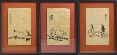 A Set of Three Chinese 20th Century Ink and Wash Figure and Genre Paintings (Feng Zikai Mark)