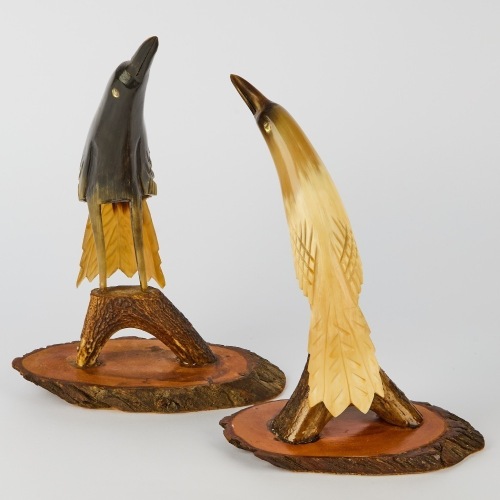 A Pair of Hand-Carved Horn and Antler Birds