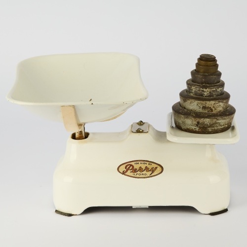 A Nineteen-Fifties Perry Liford Weighing Scales Cast Iron With Complete Weight Set