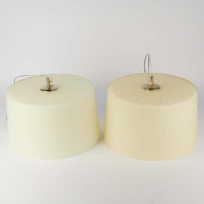 A Pair of Metal Lux Glass Pendant Shades, Italy