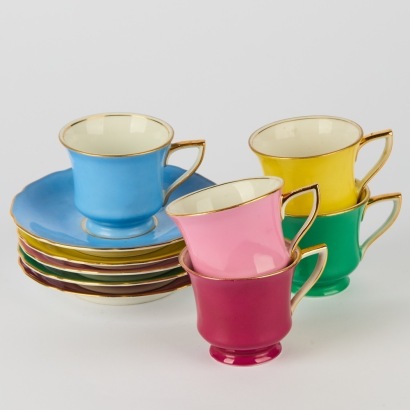 A Set of Six Colourful Czechoslovakian Demitasse and Saucers
