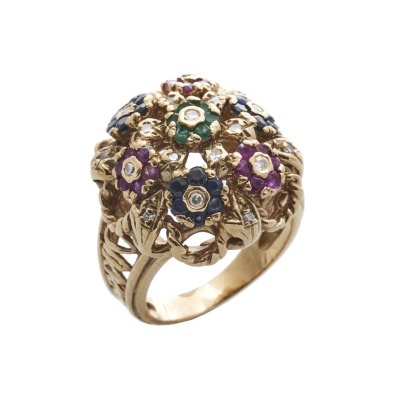 18ct Retro Sapphire, Ruby, Emerald and Diamond Cluster Ring