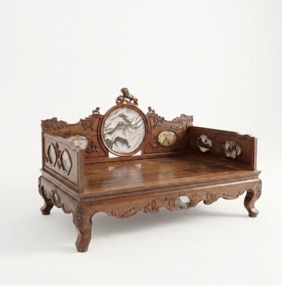 A Chinese 20th Century Carved Rosewood Daybed with Marble Insets