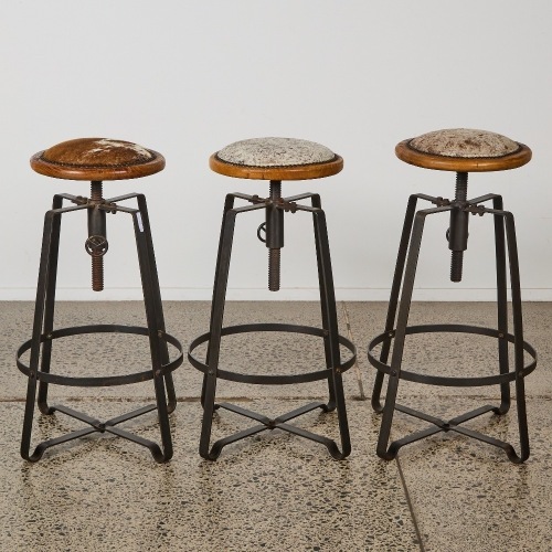 Three Heavy Duty Wrought Iron Bar Stools with Oak and Cowhide Seats