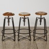 Three Heavy Duty Wrought Iron Bar Stools with Oak and Cowhide Seats