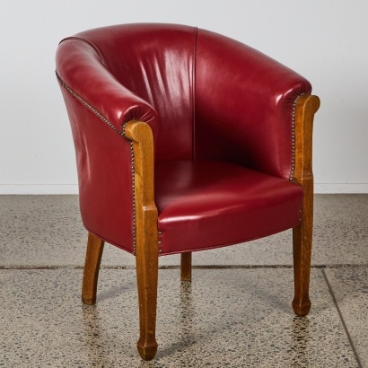A Vintage Red Leather and Oak Tub Chair A/F