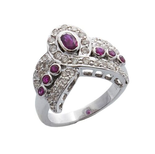 18ct White Gold Ruby and Diamond Crown Ring