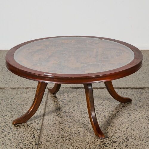 A Chinese Early 20th Century Circular Low Tea Table Carved with Figure Decoration