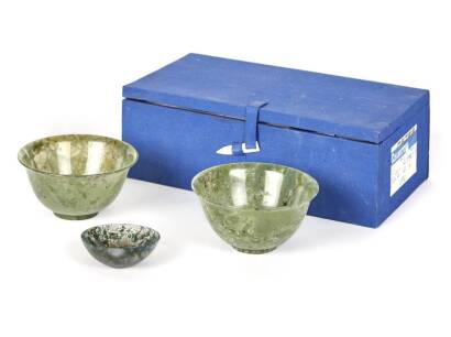 A Boxed Chinese Pair of Variegated Green Hardstone Bowls and Snuff Dish