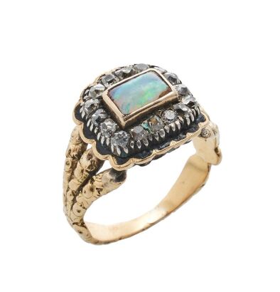 18ct Georgian Diamond, Opal and Enamel Ring