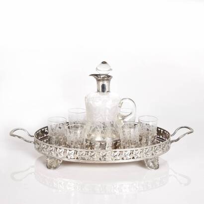 An Edwardian Period Unmarked Silver and Etched Glass Liqueur Set