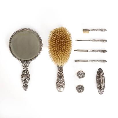 Edwardian Silver Backed Mirror, Hairbrush, Nail Buffer etc.