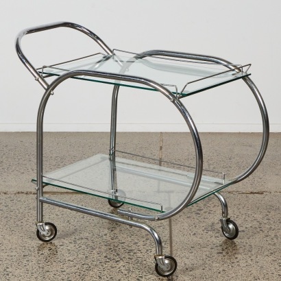 A Vintage Art Deco Cocktail Trolley with Glass Shelves