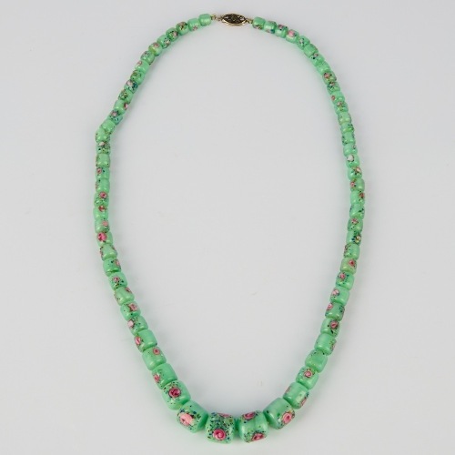 An Art Deco Mint Green Satin Glass Bead Necklace