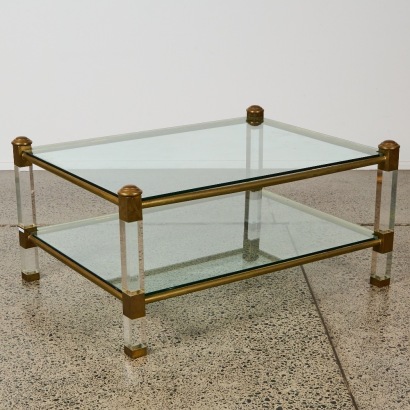 A Vintage French Brass, Lucite and Glass Coffee Table