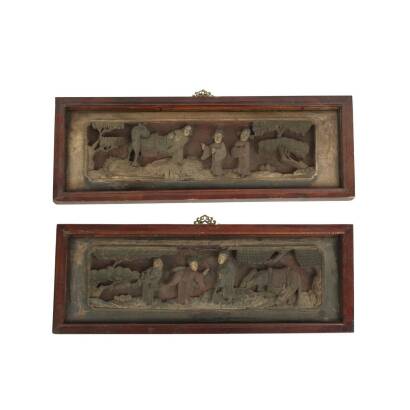 A Pair of Framed Chinese Deeply Carved Wall Panels 19th Century