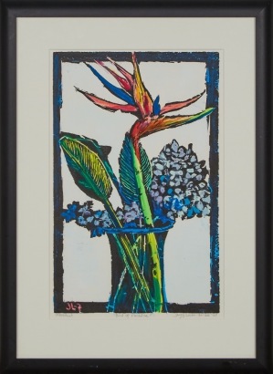 A Framed Woodcut Print of Bird of Paradise and Hydrangea by Jenny Locke-Forbes 07