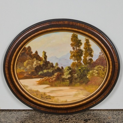 A Vintage Oval Oil Landscape by Pauline Davies, 1981