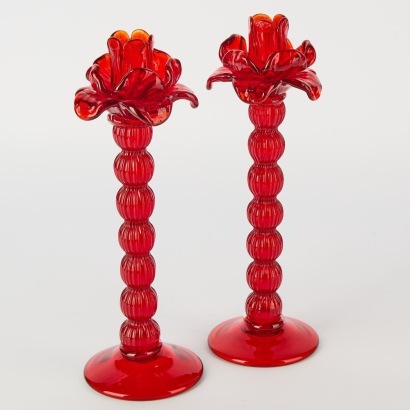 A Pair of Glass Candlestick Holders