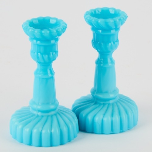 A Pair of Portieux Vallerysthal Blue Opaline Candle Holders