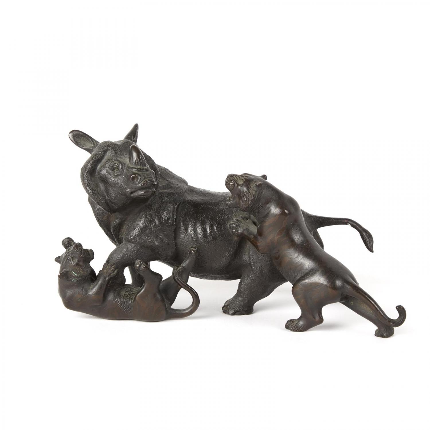 Important Bronze Of A Tiger And A Rhino, Japan, Signed. Meiji