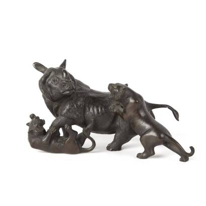 A Japanese Late-Meiji Period Bronze Animal Group Sculpture C. 1910