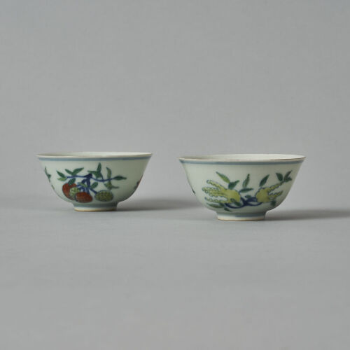 A Pair of Chinese Doucai Gilt Sanduo 'Three Abundances' Cup (Da Qing Yongzheng Nian Zhi Mark)