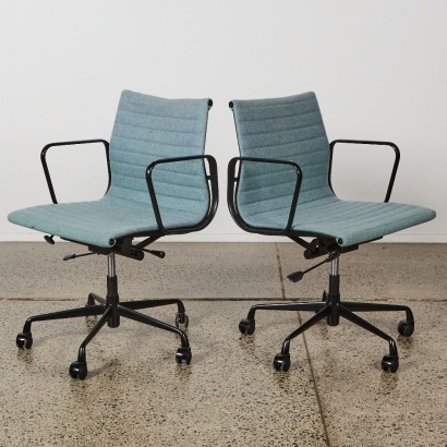 A Pair of Eames-Style Desk Chairs in Wool Upholstery with Black Frames