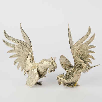 A Pair of Italian Fighting Roosters in Silver Metal