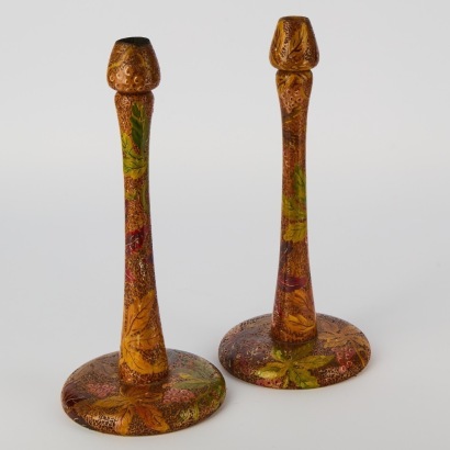 A Pair of Vintage Arts and Crafts Pokerwork Candleholders