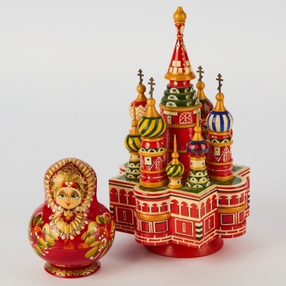 A Vintage Saint Basils Cathedral Music Box and A Hand-Painted Russian Doll