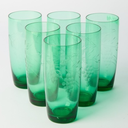 A Set of Six Tall Vintage Grape and Vine Etched Glasses by Caithness, Scotland