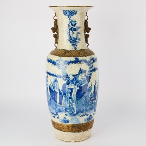 A Chinese 19th Century Qing Dynasty Blue and White 'Historical Figures' Double-Eared Large Vase