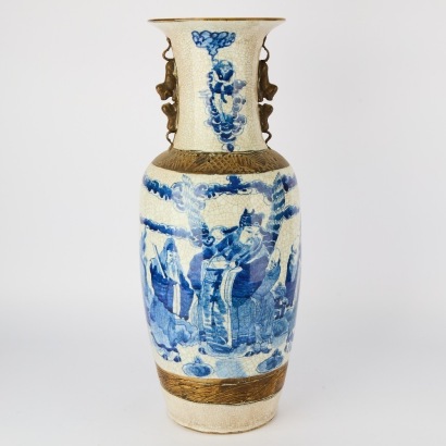 A Chinese 19th Century Qing Dynasty Blue and White 'Historical Figures' Double-Eared Large Vase