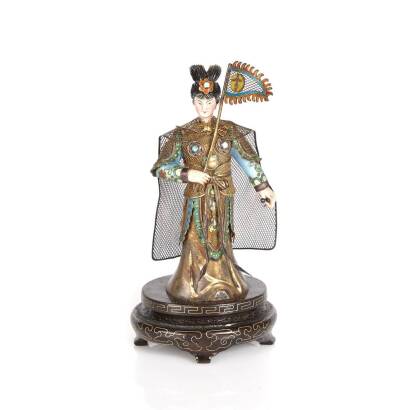 Chinese Gilt Silver and Enamel Mu Guiying Figure on Stand