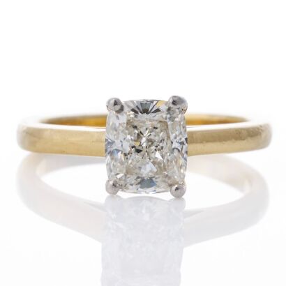 18ct Yellow Gold / Platinum, Modern, 1.30ct Cushion Cut Diamond Solitaire Ring, GIA certified