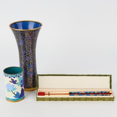 A Group of Three Chinese 20 Century Cloisonne Enamel, Comprising Two Vases and a Chopstick